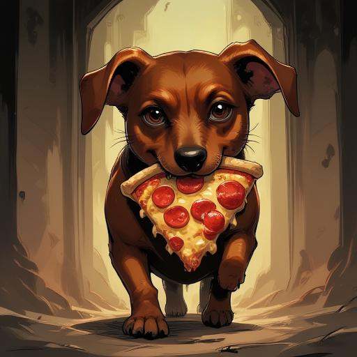 Digital ilustration in style of NeonhadesmixV2 of a dachshund running away with a big slice of pizza in his mouth on Tenso...