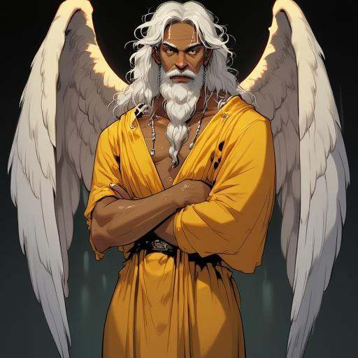 Digital ilustration in style of NeonhadesmixV2 of 4 winged,  dark skinned archanel wearing a long yellow toga,  angel has...
