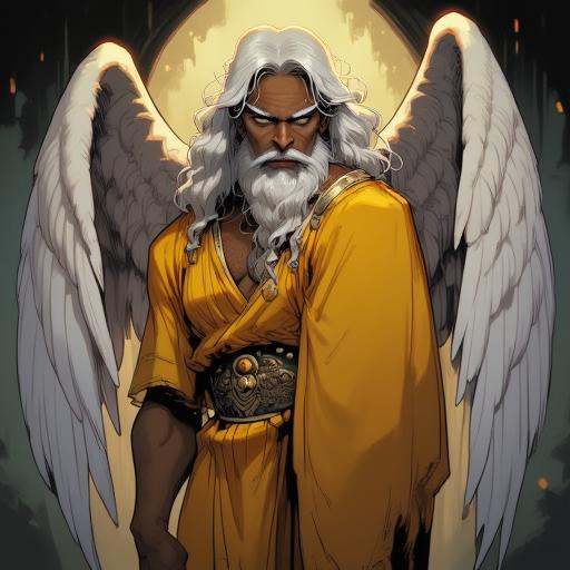Digital ilustration in style of NeonhadesmixV2 of 4 winged,  dark skinned archanel wearing a long yellow toga,  angel has...