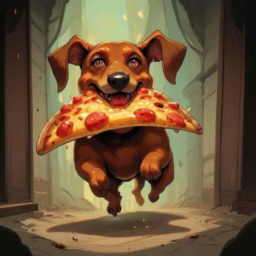 Digital ilustration in style of NeonhadesmixV2 of a dachshund running away with a big slice of pizza in his mouth on Tenso...
