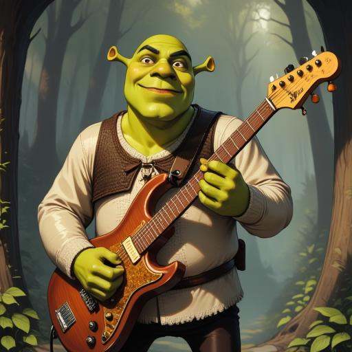 Digital ilustration in style of PaintedComicstyleV1 of Shrek playing on a eletrctic guitar on Tensor.Art