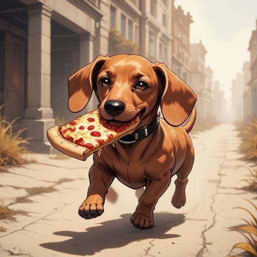 Digital ilustration in style of PaintedComicstyleV1 of a dachshund running away with a big slice of pizza in his mouth on...
