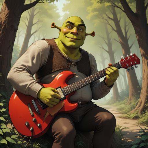 Digital ilustration in style of PaintedComicstyleV1 of Shrek playing on a eletrctic guitar on Tensor.Art