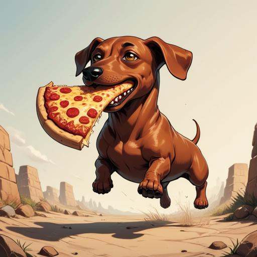 Digital ilustration in style of PaintedComicstyleV1 of a dachshund running away with a big slice of pizza in his mouth on...