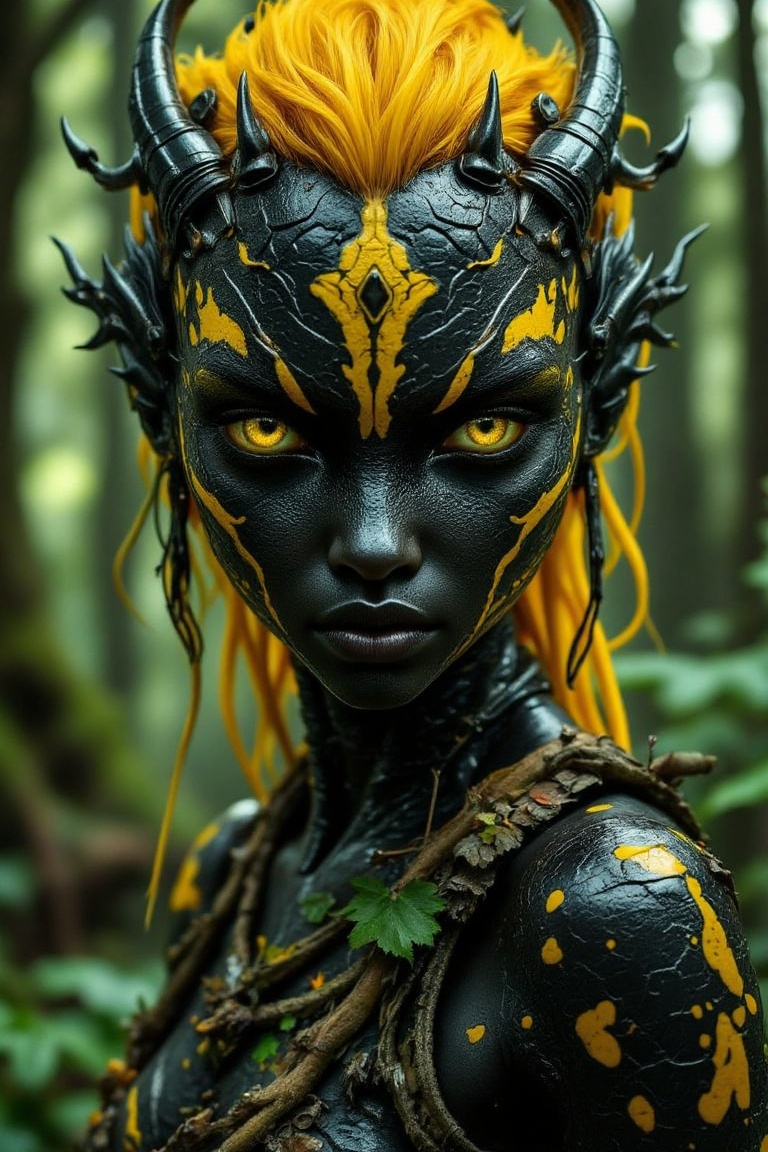 Create a hyper-realistic,  professional-quality photograph of a young woman with striking black and yellow salamander-like...