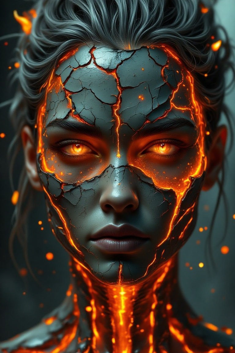 A surreal close-up of a human face where the skin appears to crack open like ceramic,  revealing molten lava underneath. T...