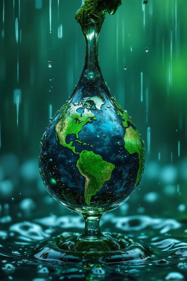 Green world trapped into the blue rain droplet with million droplets creating a stunning galaxy on Tensor.Art