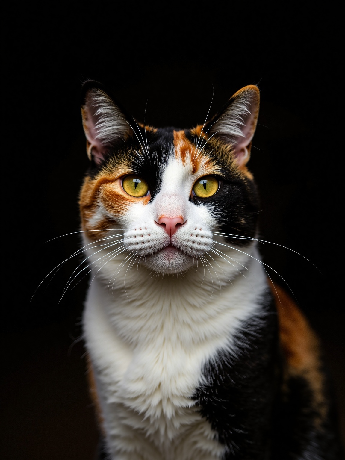 A detailed close-up portrait of a calico cat. The cat's fur is a combination of black,  orange,  and white on Tensor.Art