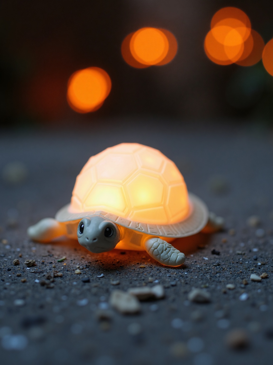 A close-up view of a small light-up tortoise on a gray surface. The tortoise's head is turned to the right,  with its fron...