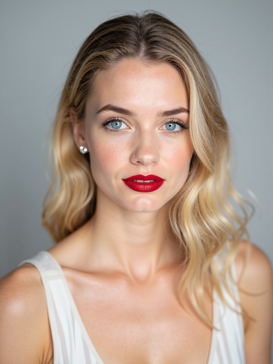 A close-up portrait of a woman with blonde hair. The woman's hair is styled in a wavy,  curly manner. She is wearing a whi...
