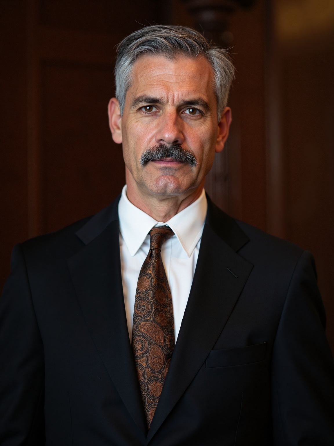 A portrait of a man in a black suit with a white collared shirt underneath. The man has gray hair and a gray mustache on h...