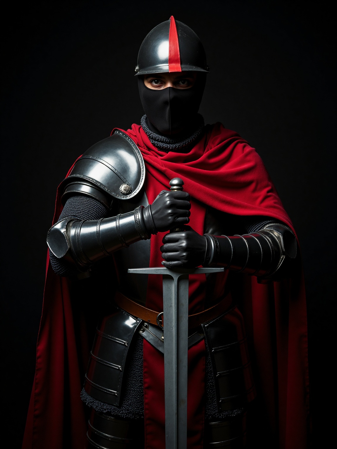 A close-up shot of a medieval knight in a red and black outfit. The armor on the knight is made of metal,  with a dark red...
