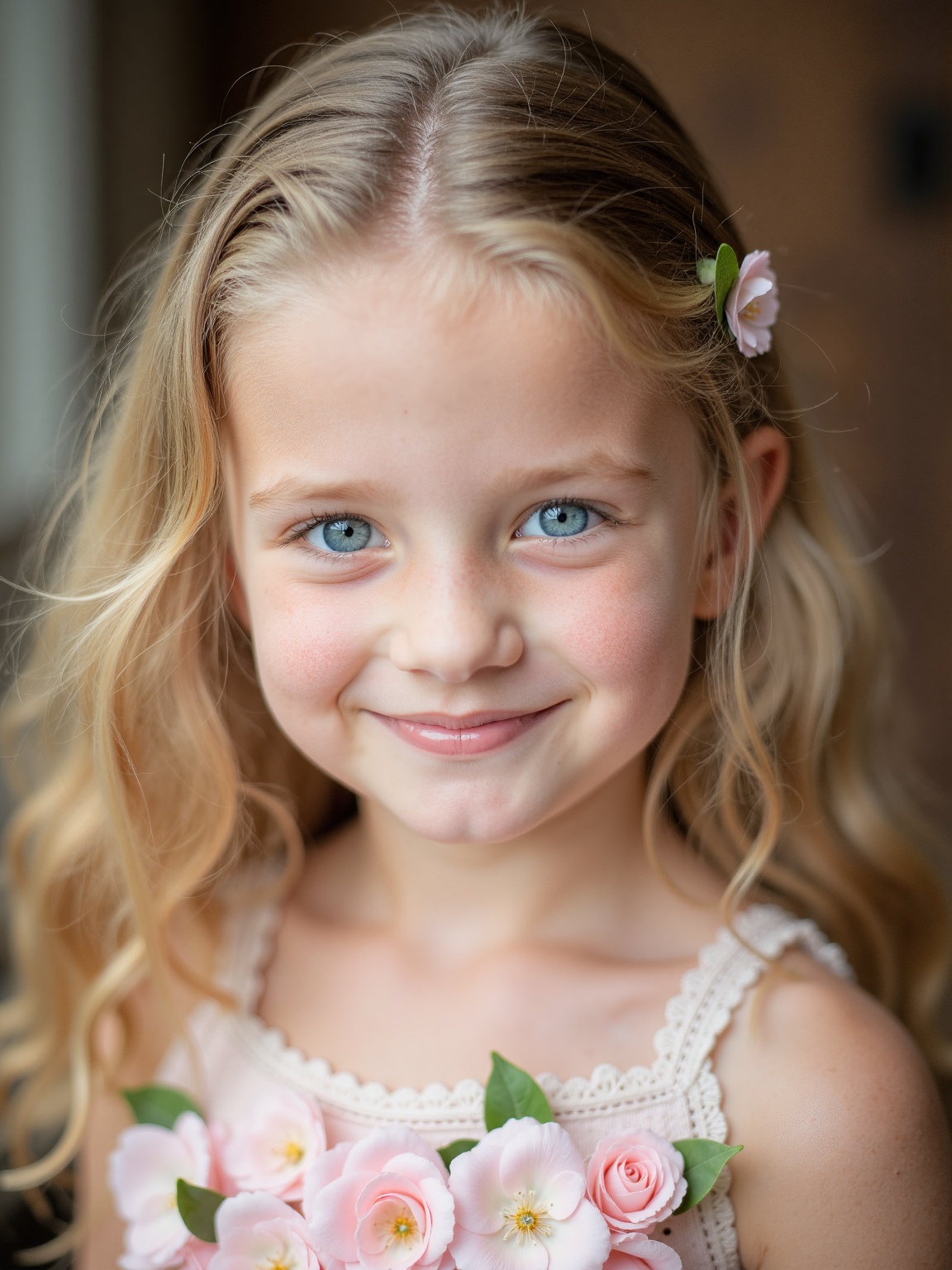 A close-up portrait of a young girl with long,  wavy blonde hair. She is wearing a light pink sleeveless dress with a whit...