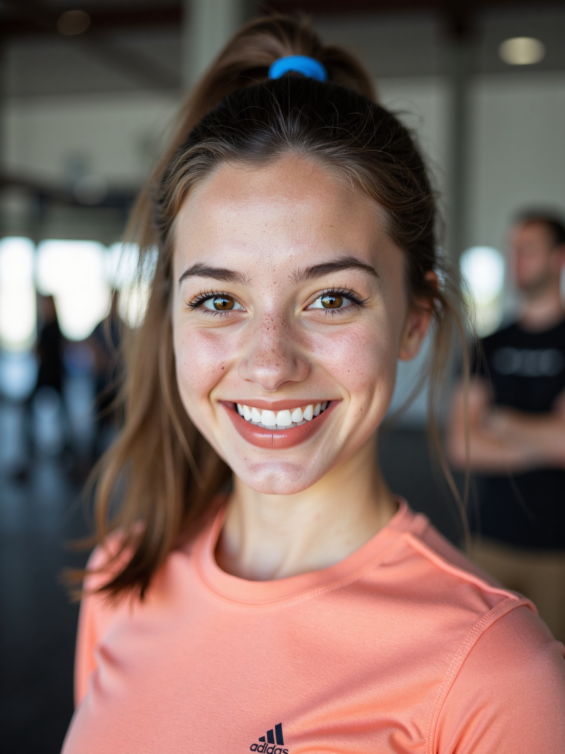 A young woman is posing for a close-up shot. She is standing in a gym,  with gym equipment in the background. Her hair is...