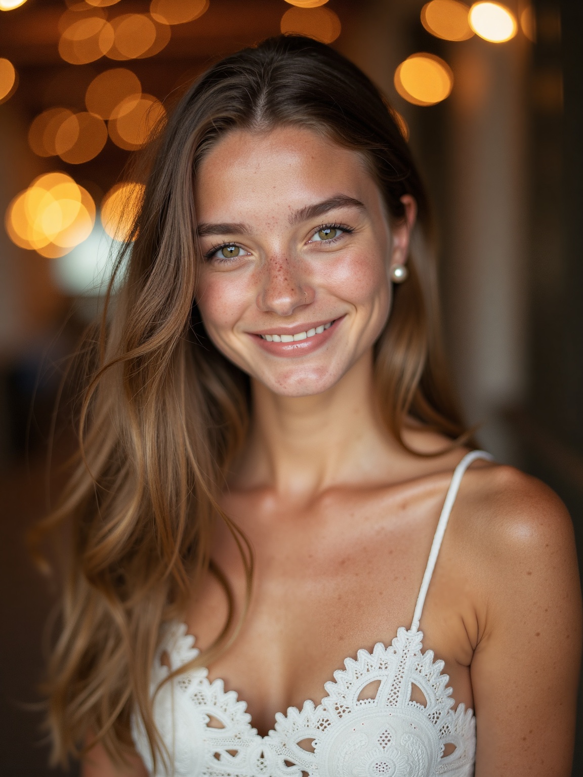 a young woman with long,  wavy,  light brown hair. She is wearing a sleeveless on Tensor.Art