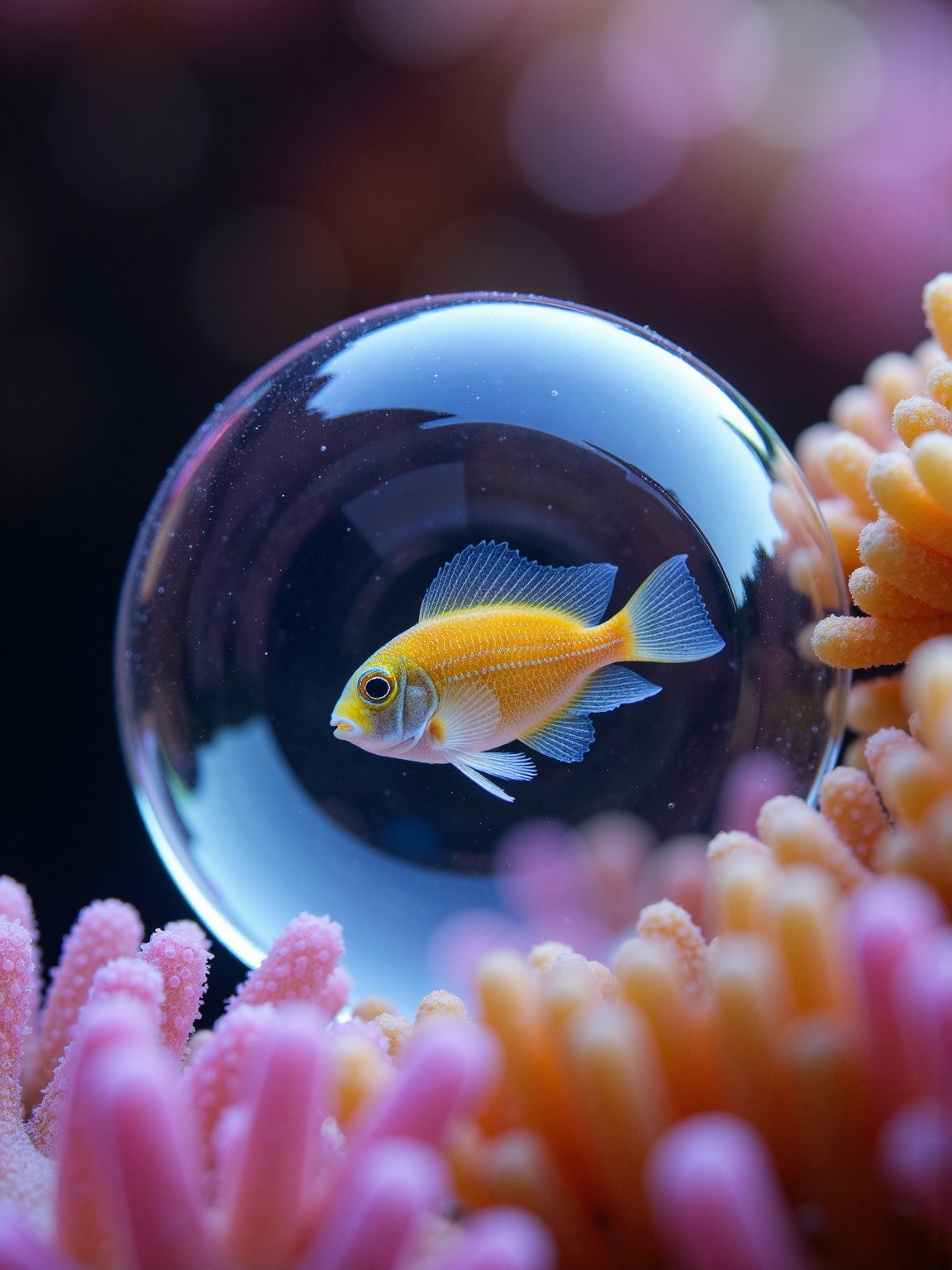 A close-up of a tiny,  translucent fish swimming inside an air bubble caught in a coral reef. The bubble acts like a magni...
