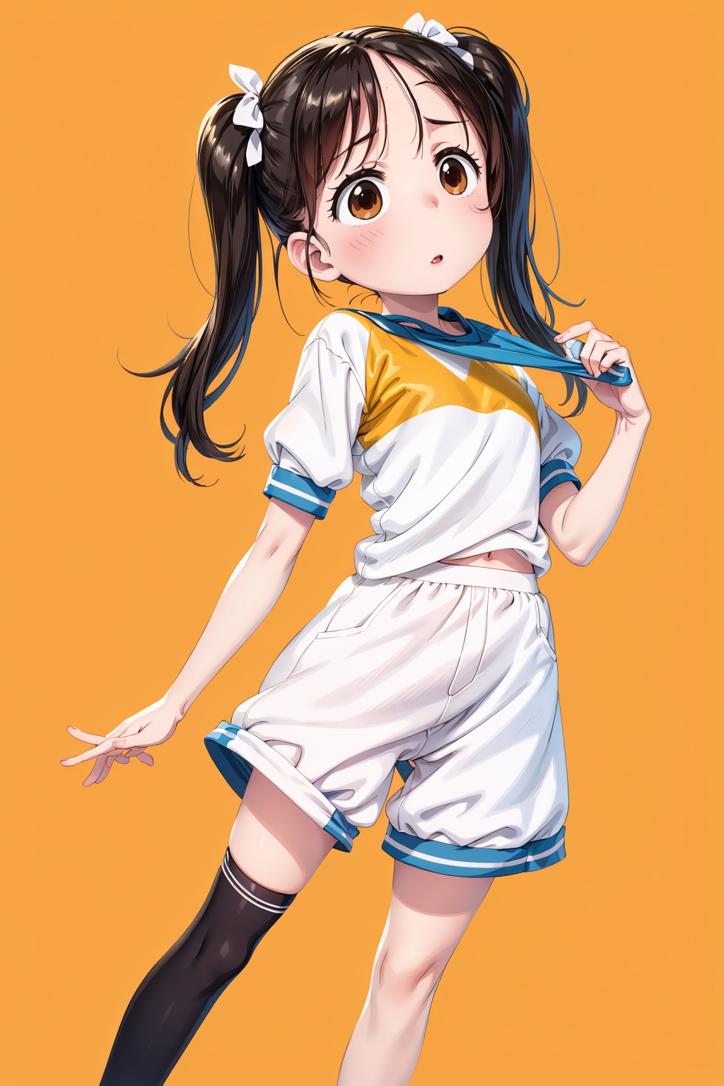 A young woman with pigtails,  standing in a slightly open-legged alluring pose,  wears vibrant on Tensor.Art