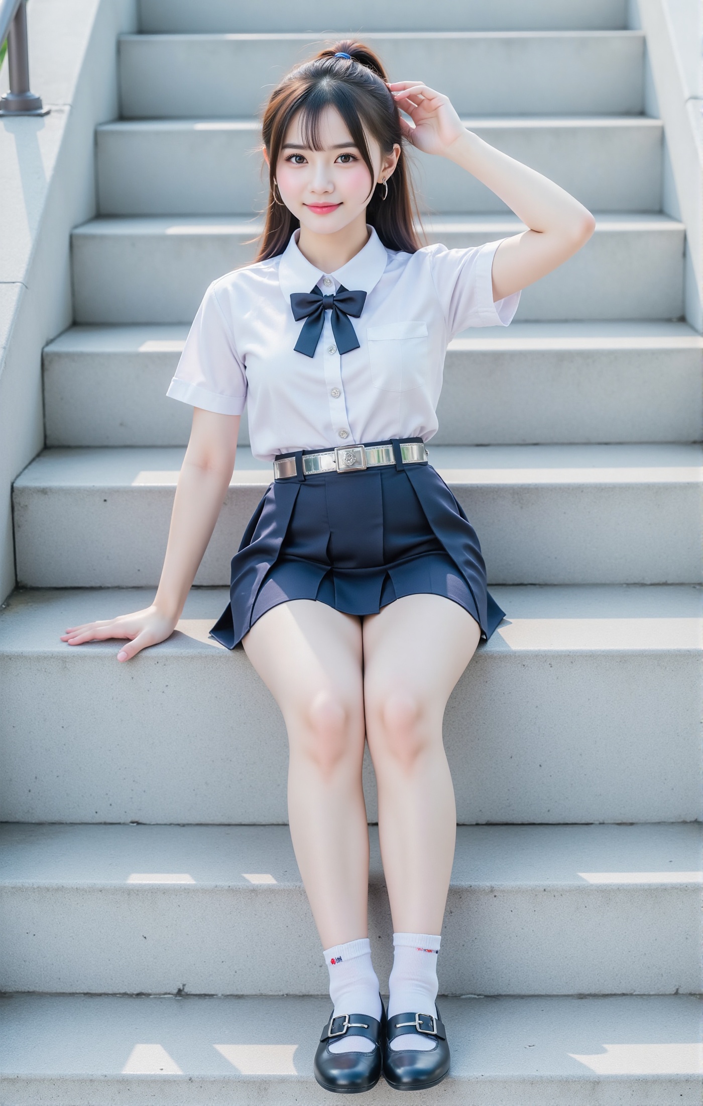 1girl.Long hair with bangs.young girl.18-year-old.very big breasts. Thai students girl.She is positioned in the mid-frame,...
