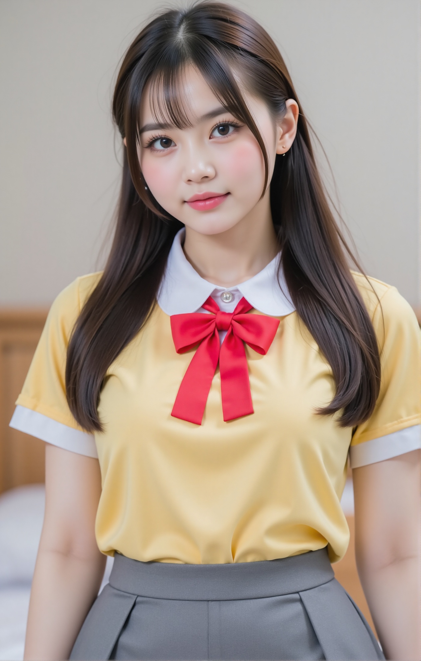 1girl.Long hair with bangs. young girl. 18-year-old. very big breasts. White short-sleeved collared shirt with a red bow t...