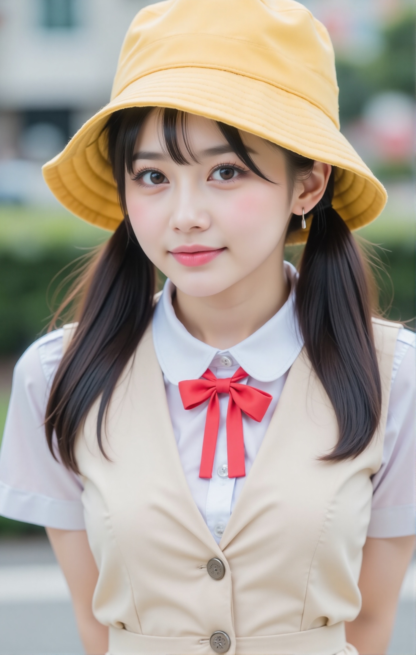 Full body. wearing a yellow bucket hat,  light makeup,  and a school uniform. Her hair is dark brown or black and styled i...