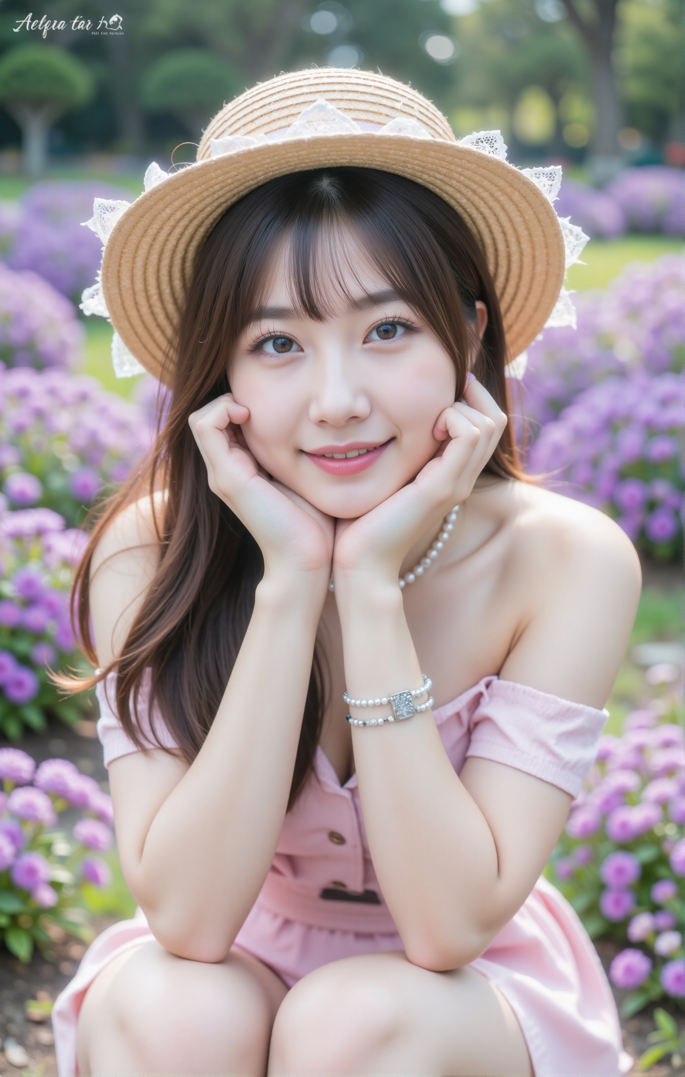 Full body a young woman outdoors. Age17. She is wearing a light beige/tan straw hat with a lace trim around the brim. Her...
