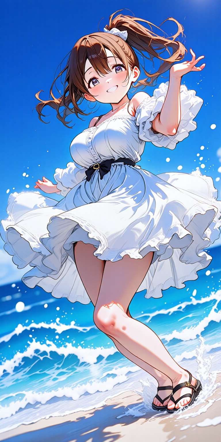 A playful young woman with a ponytail and an off-the-shoulder dress poses against the vibrant blue sky,  her bright smile...