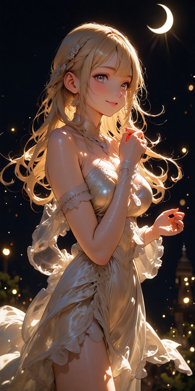 In a majestic Dutch angle,  a lone blonde beauty gazes forward,  her smile radiant under the silvery glow of a big crescen...