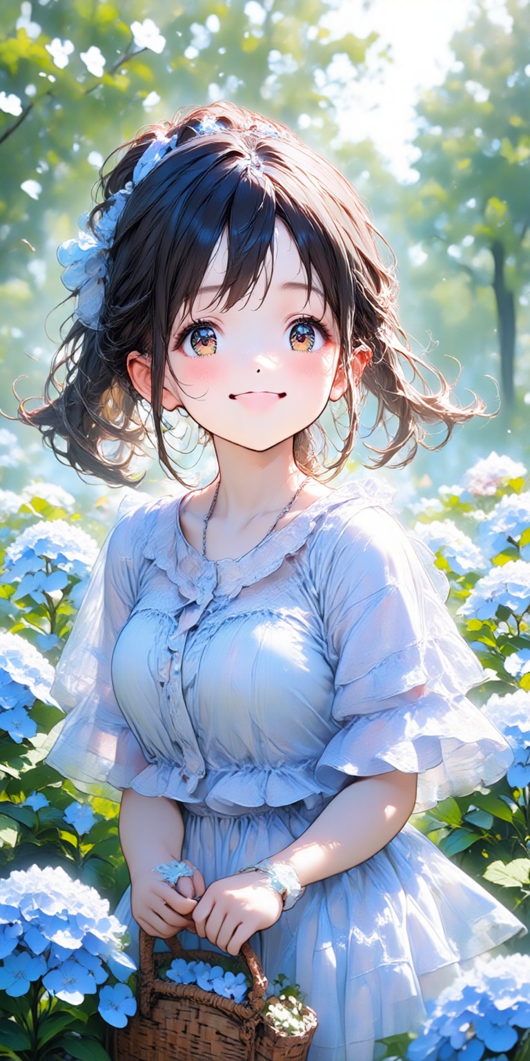 A smiling girl wearing a light blue gingham check dress shows a carefree smile in front of hydrangeas in full bloom. Her h...