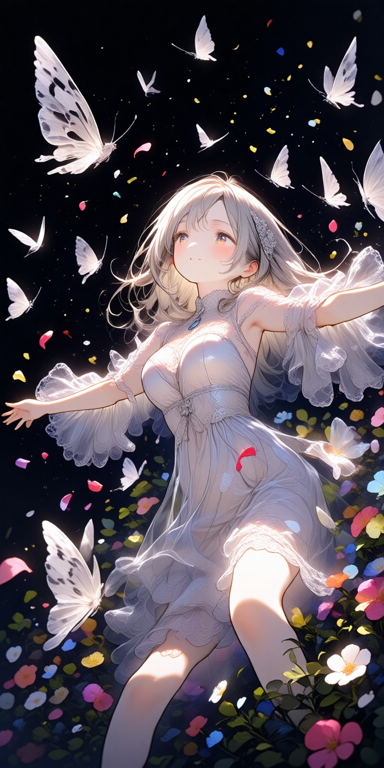 In a whimsical Dutch-angle shot,  a girl with semi-long hair that appears to be guided by the delicate flapping of a butte...