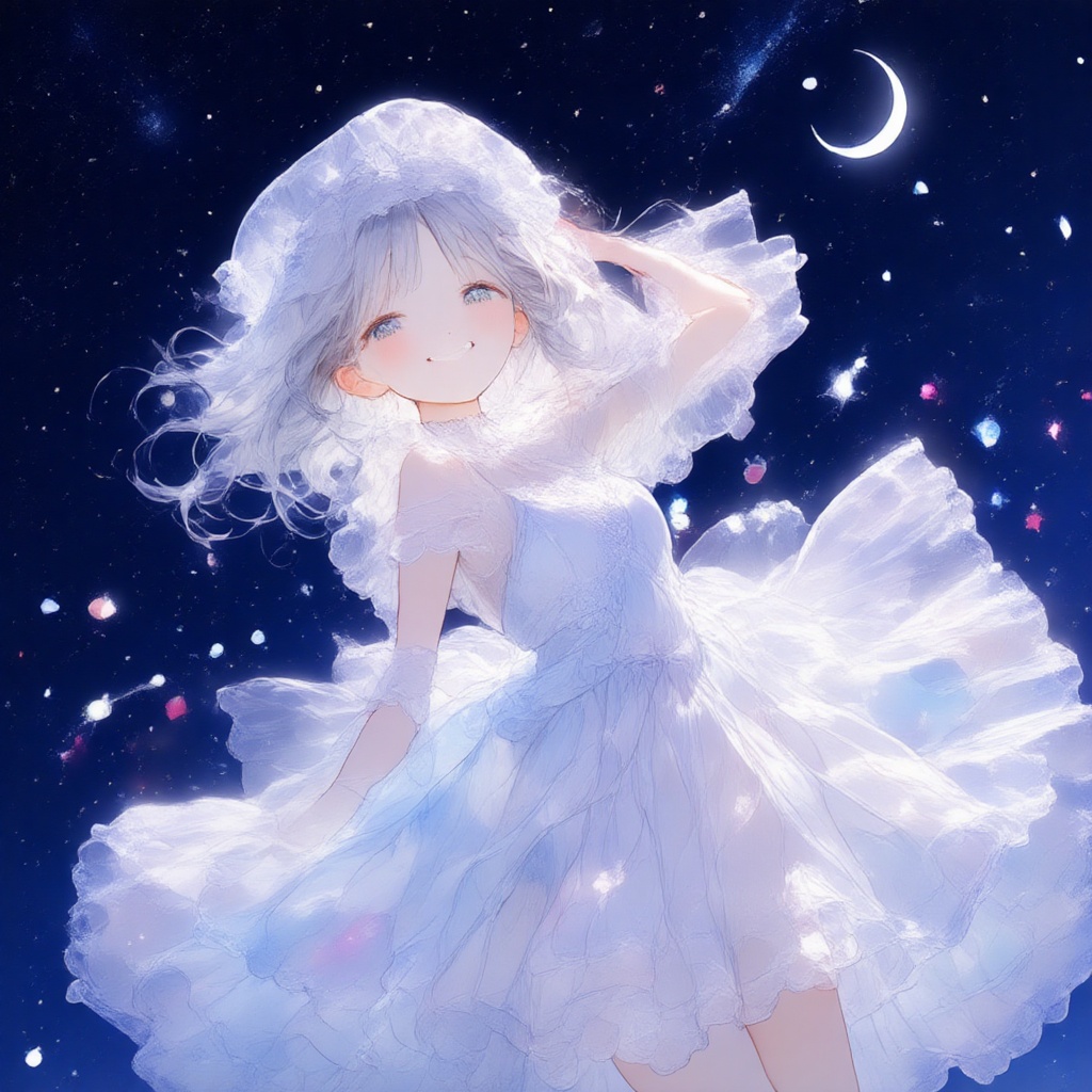 A girl in a pure white frilly dress smiles while holding her hat with one hand against the backdrop of a crescent moon shi...