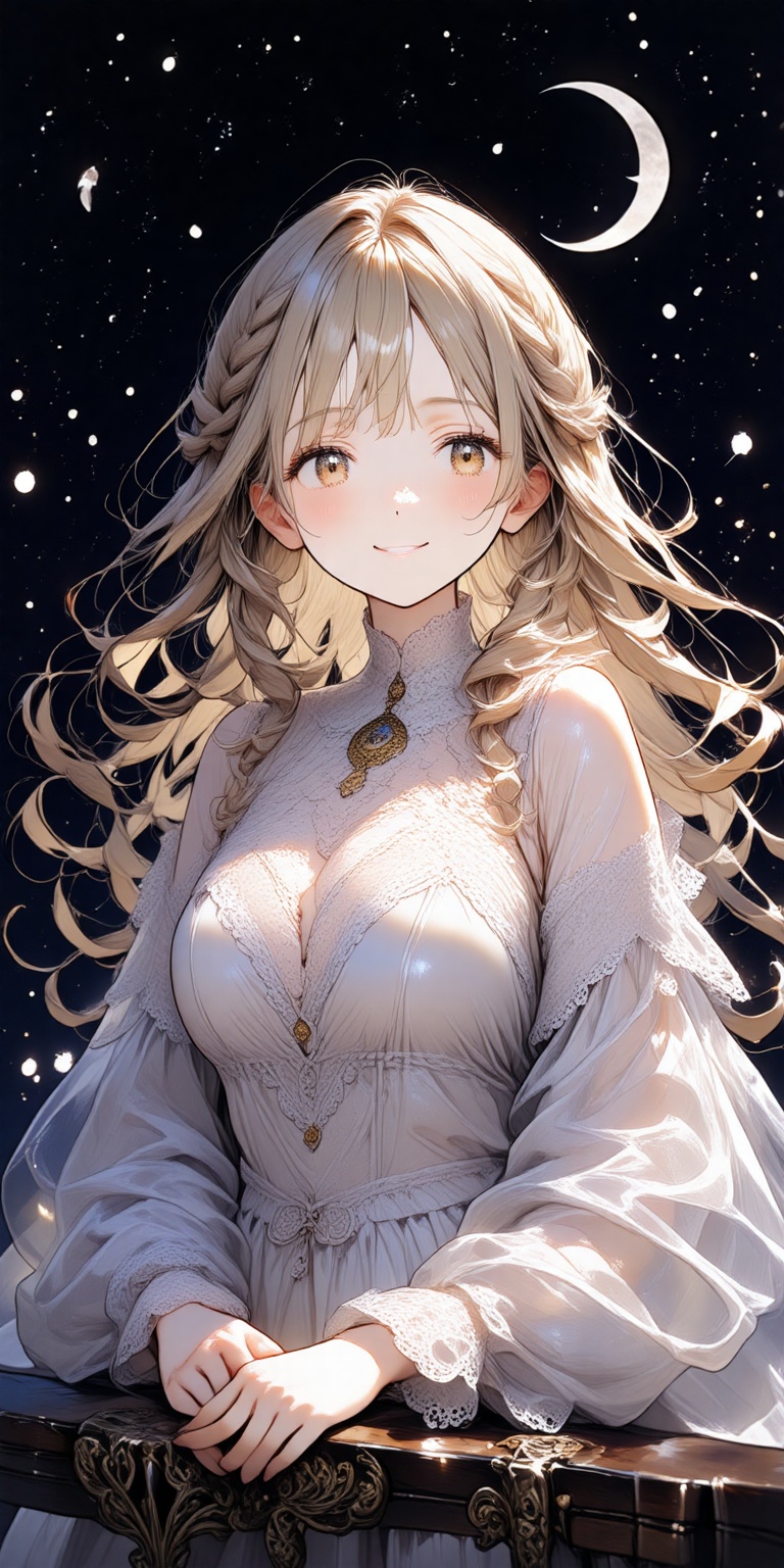 A stunning solo portrait of a blonde-haired girl looking forward with a radiant smile. Her long hair is adorned with intri...