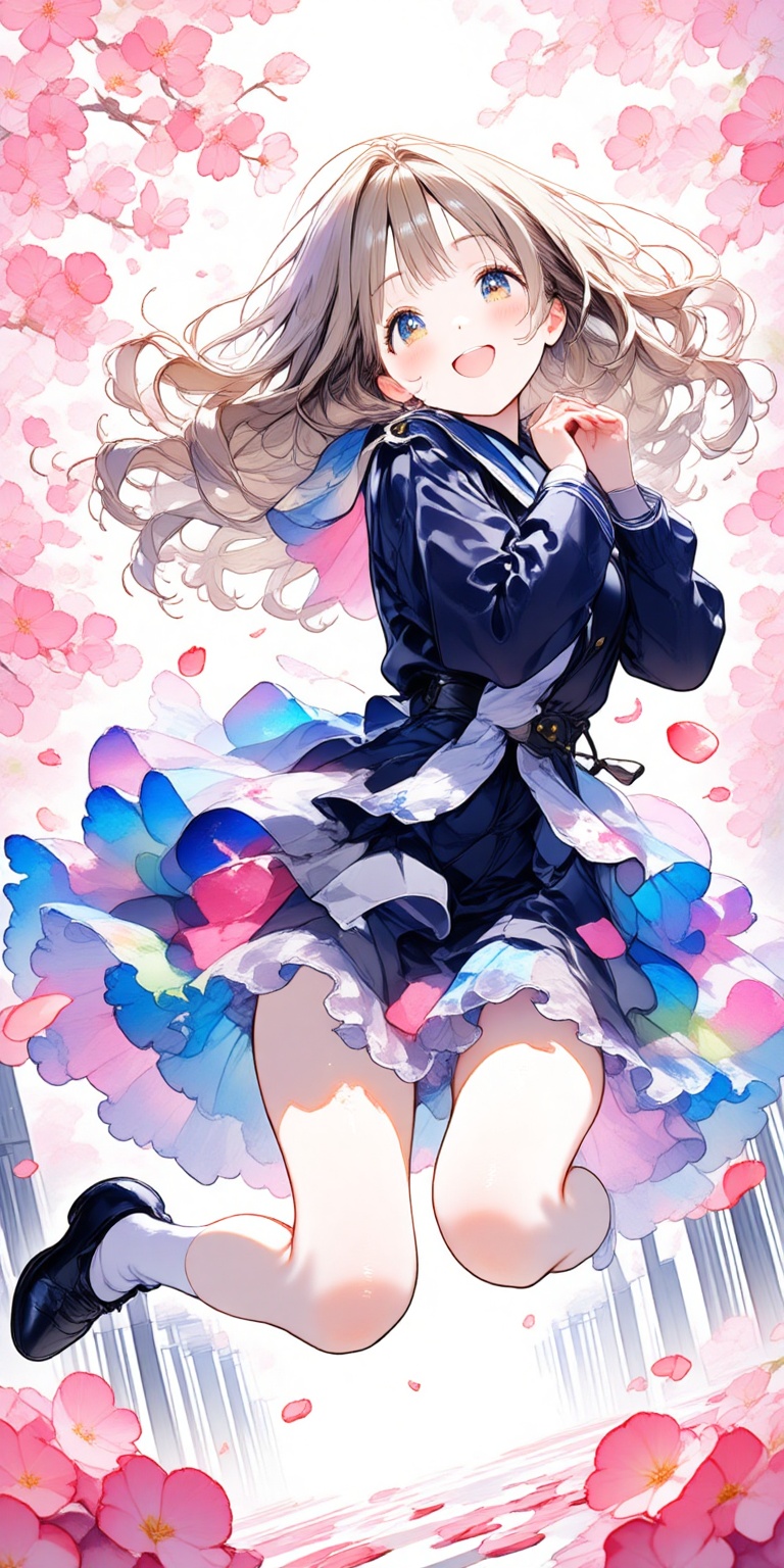 A joyful young girl,  with long wavy light brown hair and bangs,  beams with a happy face as she jumps for joy on Tensor.Art
