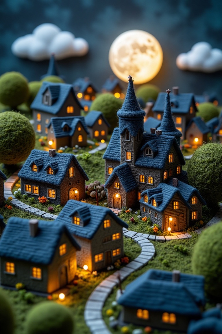 A miniature building landscape in woven wool thread style,  set under a night sky with a glowing moon. The framing capture...