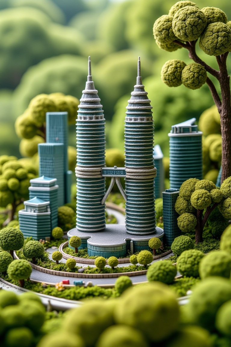 A miniature cityscape of Kuala Lumpur featuring the Twin Towers (KLCC) in a woven wool thread style. The frame showcases t...