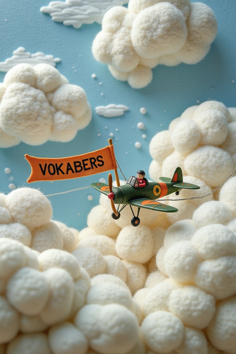 A miniature scene in woven wool thread style featuring a cloudy sky with an aeroplane and pilot pulling a banner reading V...