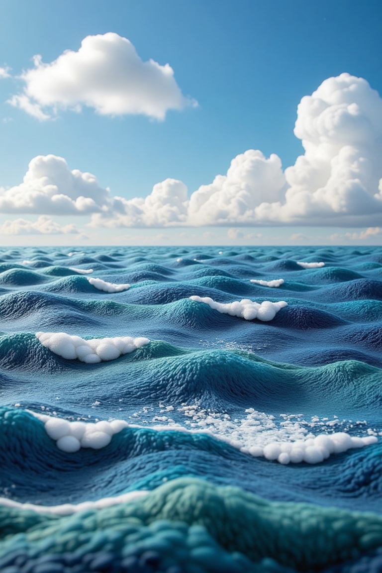 A miniature landscape in woven wool thread style featuring an ocean stretching to the horizon,  with fluffy clouds dotting...