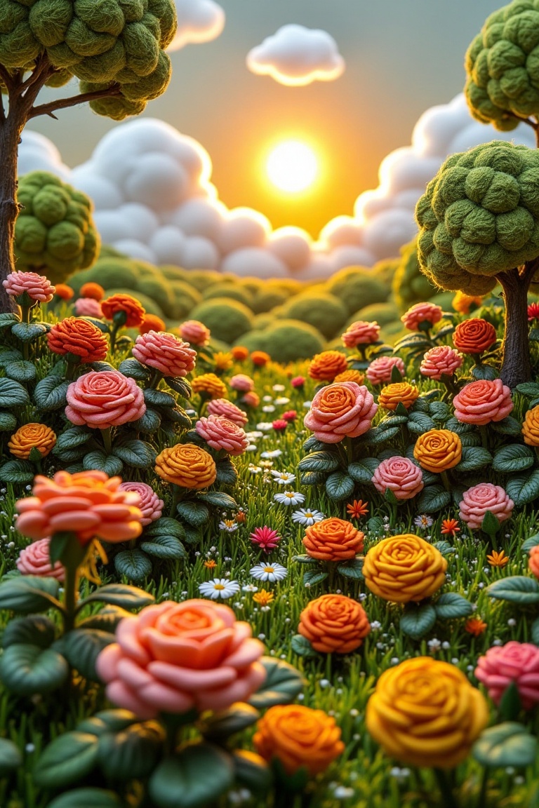 A miniature scene in woven wool thread style featuring a garden of roses,  soft clouds,  and a radiant sun. The framing ca...