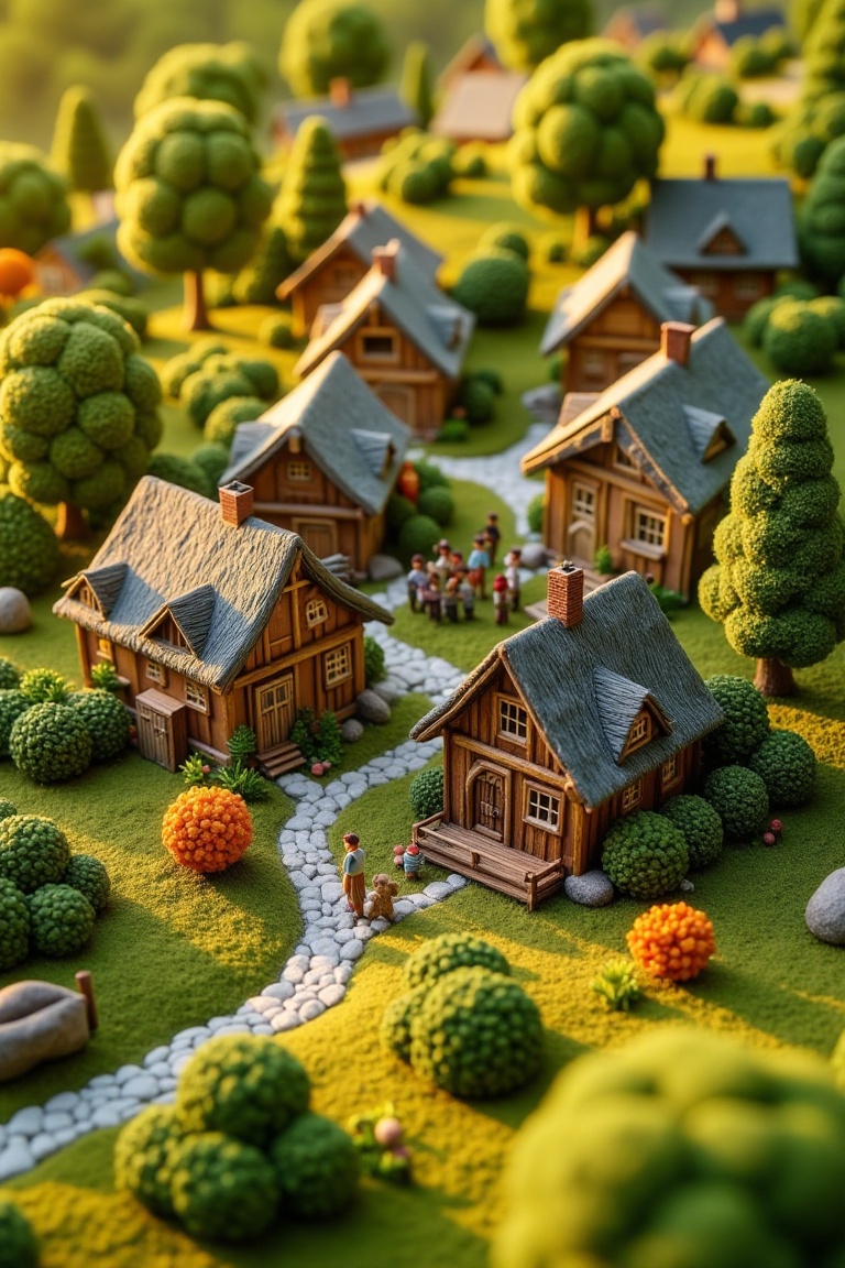 A miniature scene in woven wool thread style featuring a wooden village with houses,  bushes,  trees on Tensor.Art
