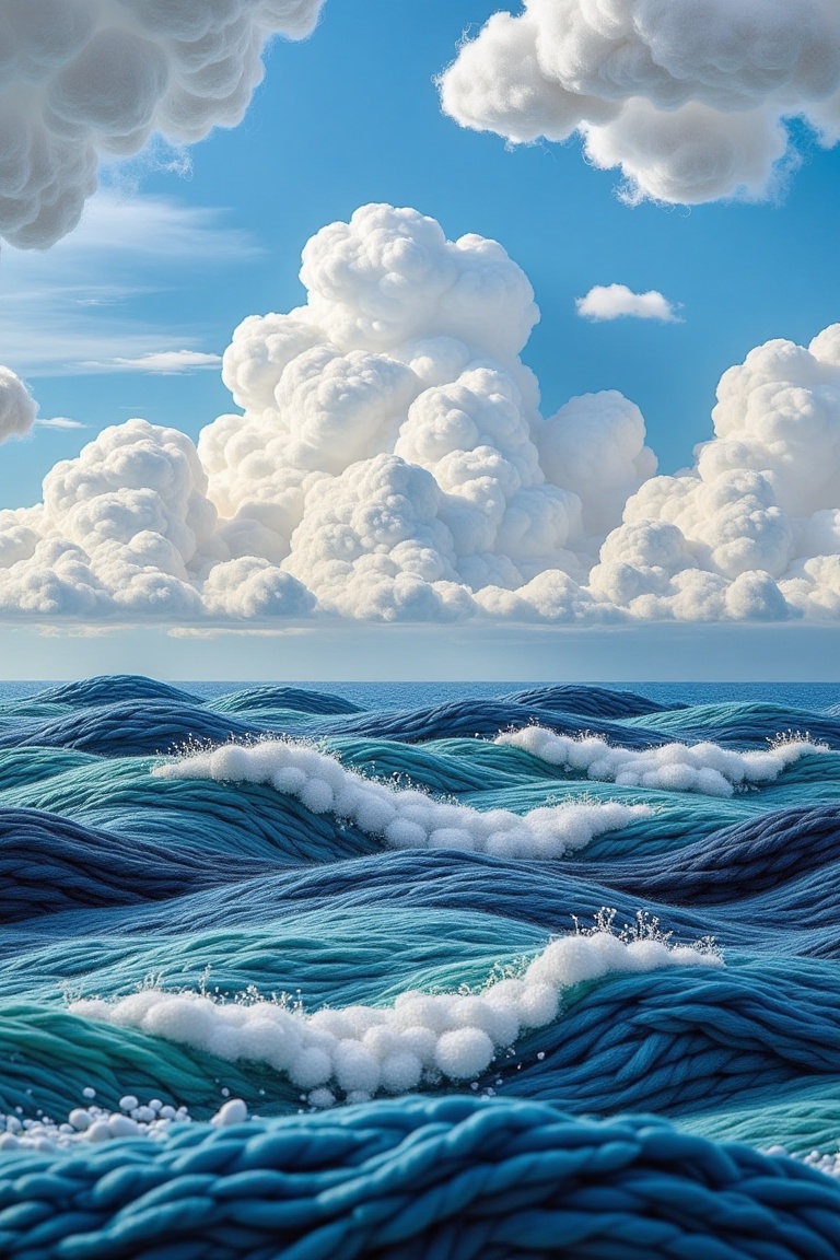 A miniature landscape in woven wool thread style featuring an ocean stretching to the horizon,  with fluffy clouds dotting...