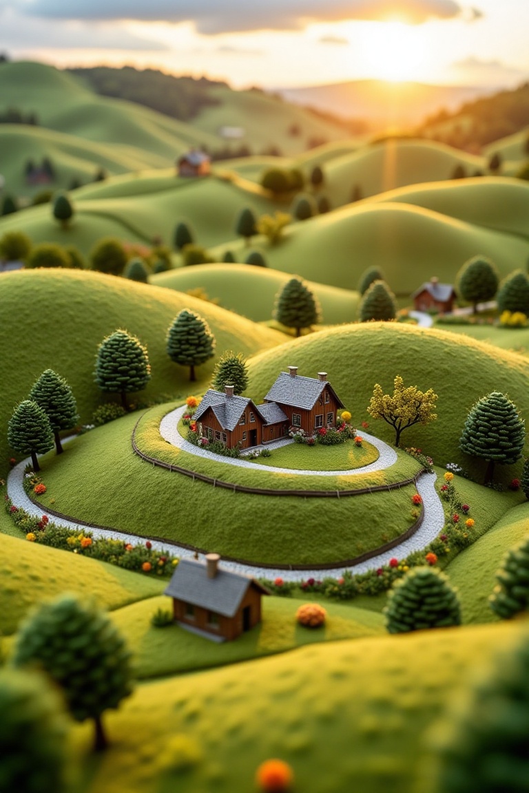 A miniature scene of rolling hills and a cozy house in a woven wool thread style. The framing captures the serene landscap...