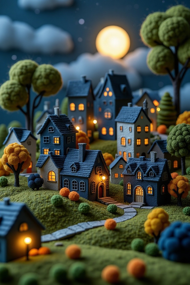 A miniature building landscape in woven wool thread style,  set under a night sky with a glowing moon. The framing capture...