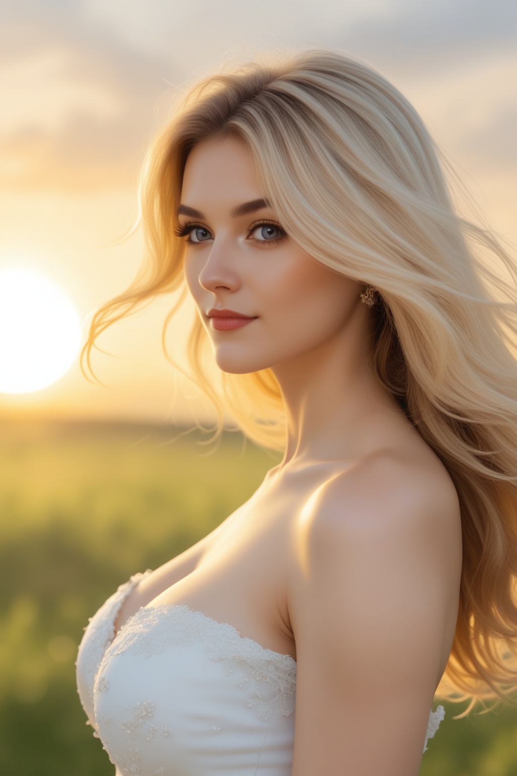 In the soft glow of the late afternoon sun,  a woman with flowing blonde hair calmly looks into the camera,  her face part...