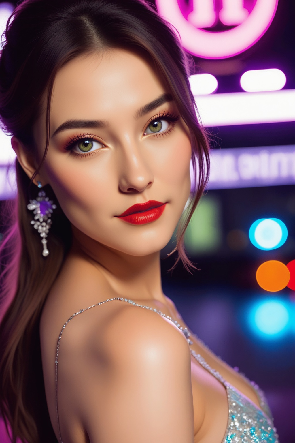 Under the luminescent glow of neon signs,  a young woman pauses by a window in the bustling city night. Her contemplative...