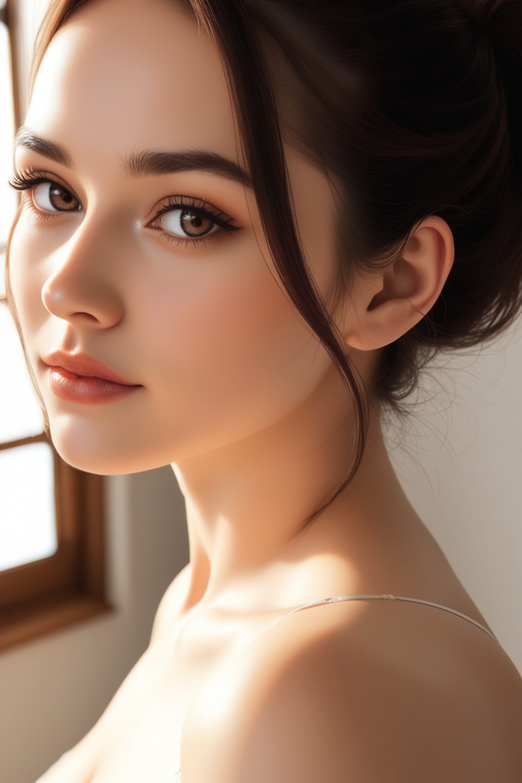 The image captures a young woman lost in thought,  her profile defined by the gentle backlight from a nearby window. The s...