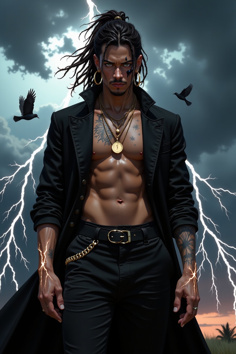 Niji Style,  Amid a stormy sky shrouded in dark clouds and illuminated by flashes of lightning,  a figure with dreadlocks...