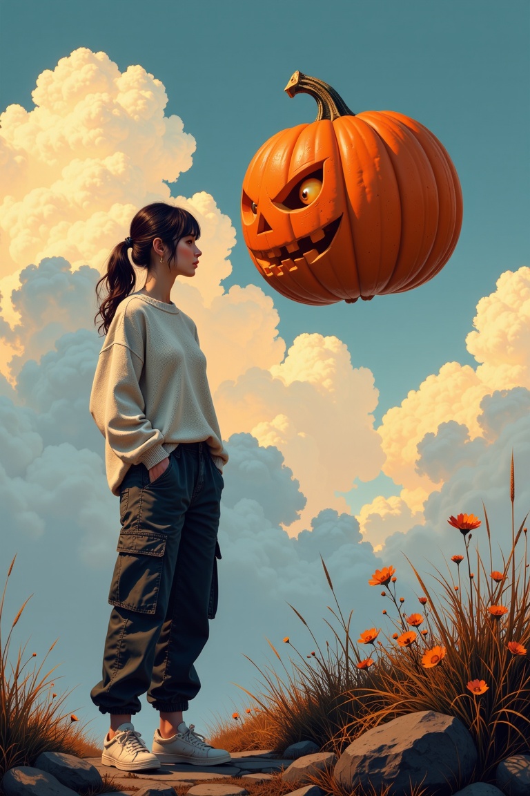 Surreal still life in the style of Robert Delaunay: A woman dressed in a free flowing oversized sweater and casual cargo p...
