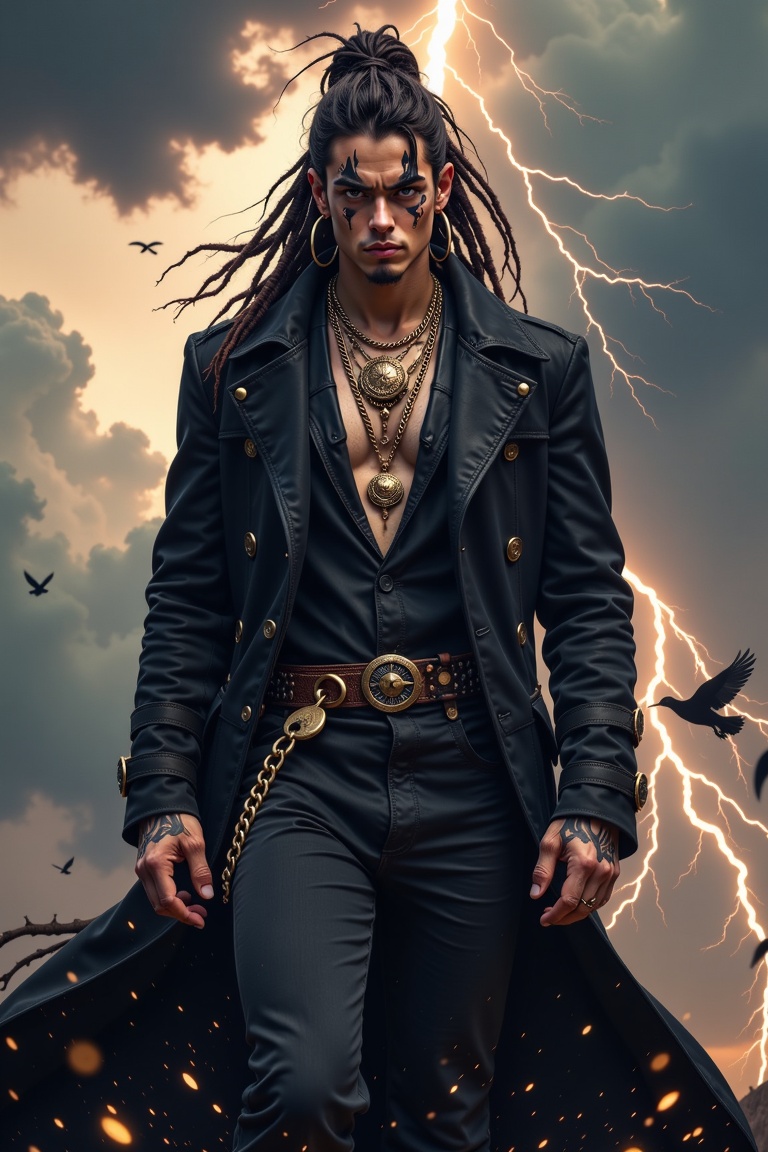 Niji Style,  Amid a stormy sky shrouded in dark clouds and illuminated by flashes of lightning,  a figure with dreadlocks...