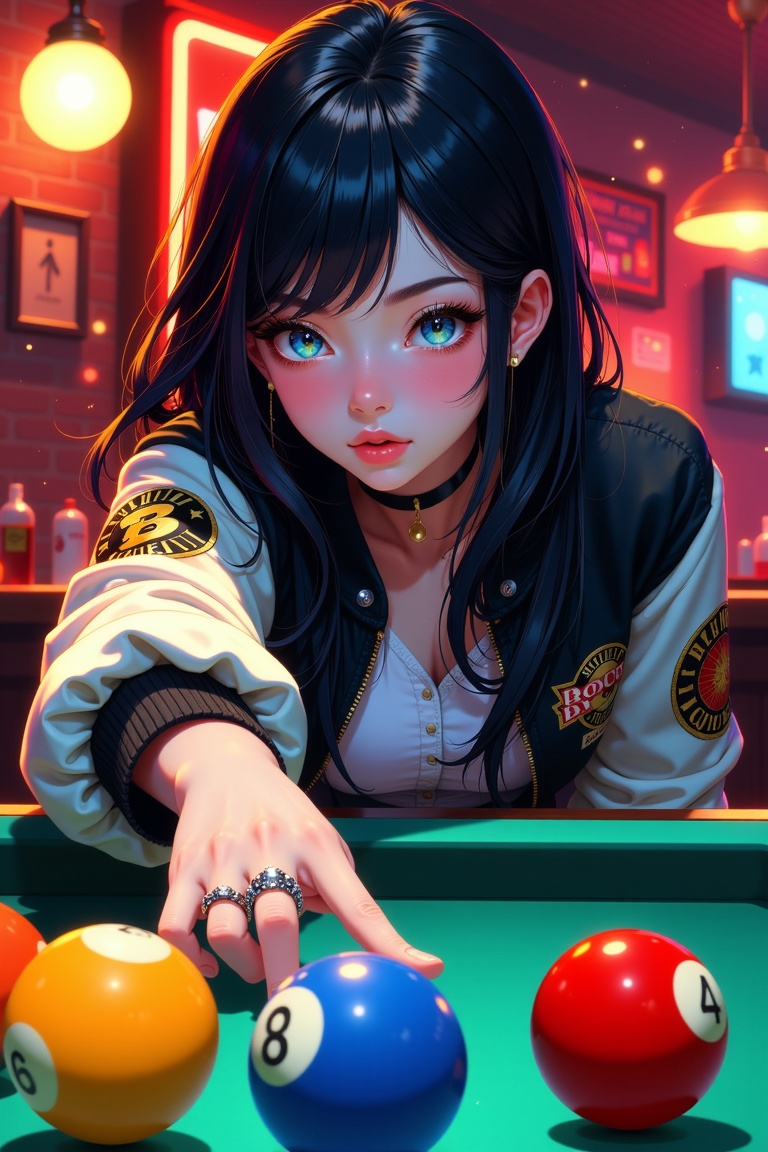 This image is a stylized,  vibrant illustration of a young woman in a casual yet striking pose while playing billiards. He...