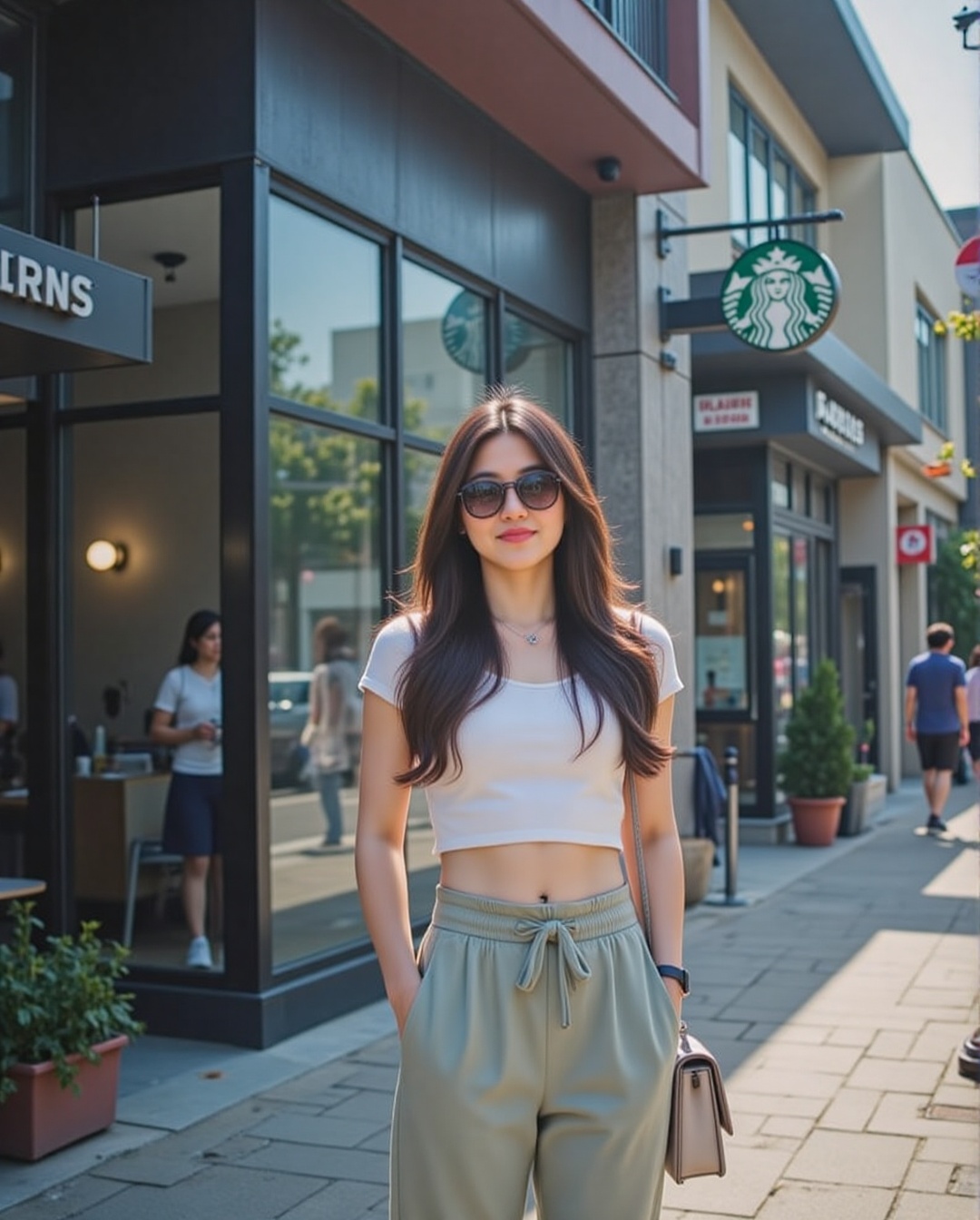 The image shows a woman standing in front of a modern building with large glass windows. She is wearing a white crop top a...