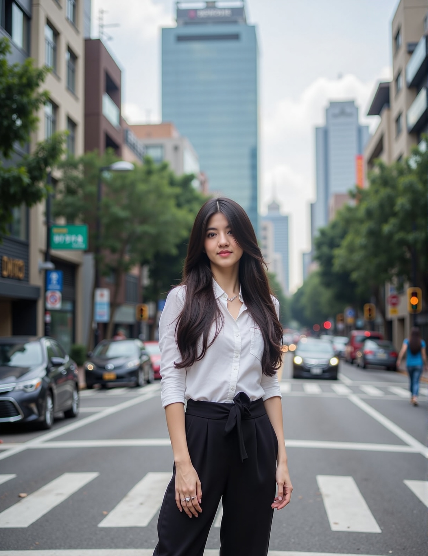 A young woman with long,  dark hair stands confidently on a city street,  her legs crossed and arms relaxed in front of a...